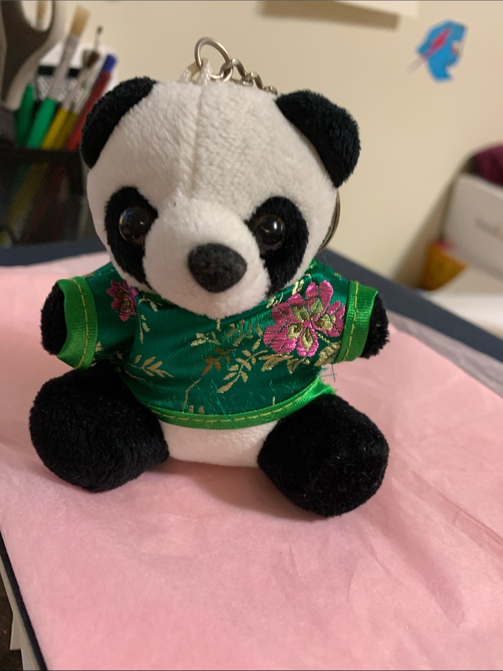 Plush Panda Keychain Card Holder with Green Embroidered Outfit